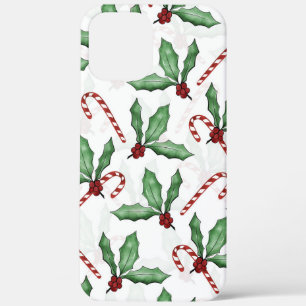 Green Holly Leaves Red Berries Candy Cane Paint iPhone 12 Pro Max Case