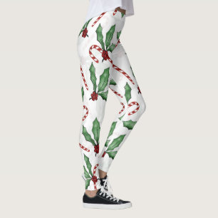 Green Holly Leaves Red Berries Candy Cane Paint Leggings