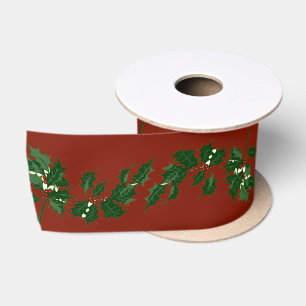 Green Holly on Red Satin Ribbon