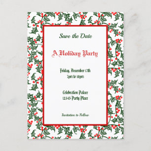 Green Holly Pattern Holiday Editable Save the Date Postcard