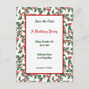 Green Holly Pattern Holiday Editable Save the Date Postcard