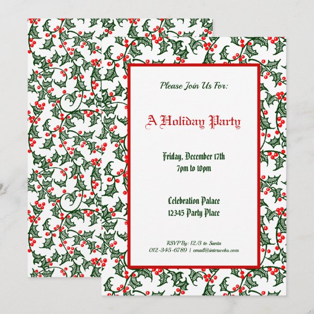 Green Holly Pattern Holiday Party Editable 5x7 Invitation (Front/Back)
