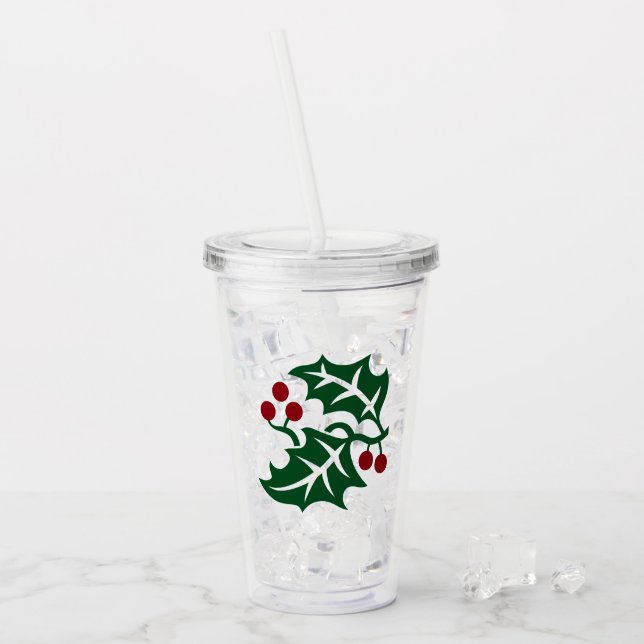 Green Holly Red Berries Christmas Holiday Theme Acrylic Tumbler (Front Ice)