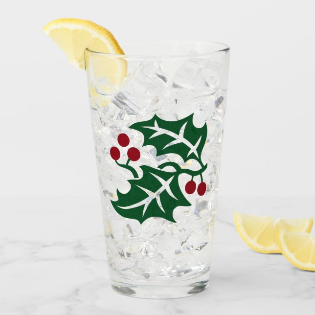 Green Holly Red Berries Christmas Holiday Theme Glass (Front Ice)