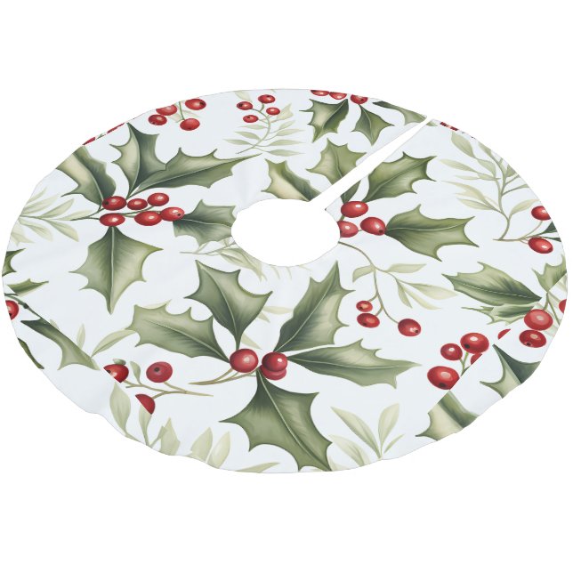Green Holly Red Berries Christmas Tree Base Cover Brushed Polyester Tree Skirt (Angled)