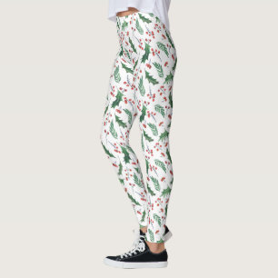 Green Holly Red Berries Holiday Pattern Leggings