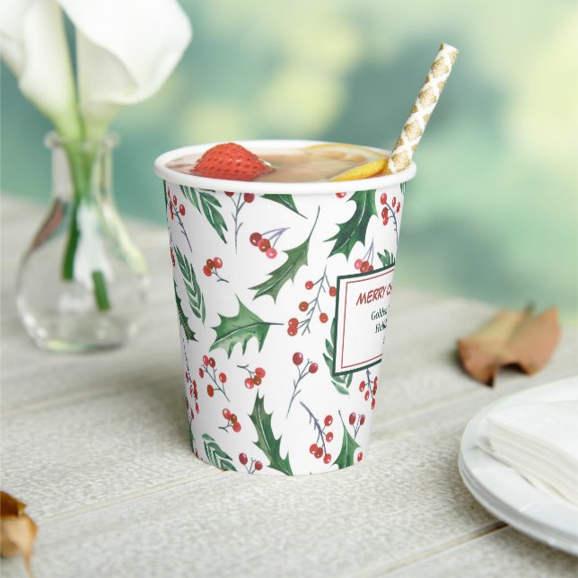 Green Holly Red Berry Pattern Christmas Paper Cups (Insitu)