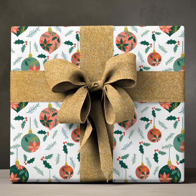 Green Holly Red Poinsettia Christmas Bauble  Wrapping Paper (Creator Uploaded)