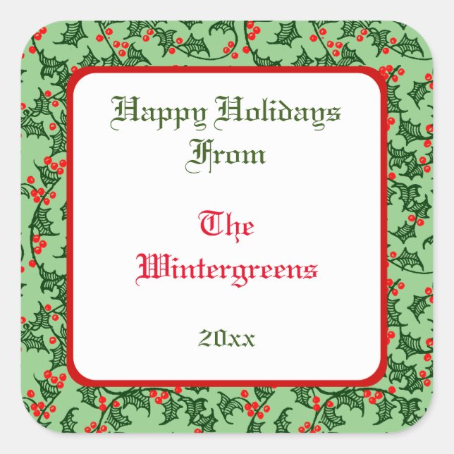 Green Holly with Red Berries Editable Gift Taq Square Sticker (Front)
