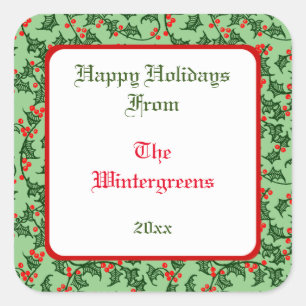 Green Holly with Red Berries Editable Gift Taq Square Sticker