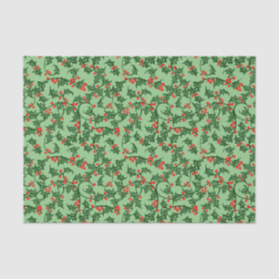 Green Holly with Red Berries on Green Tissue Paper