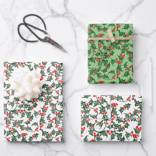 Green Holly with Red Berries Rustic Wrapping Paper