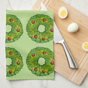 Green Holly Wreath Christmas Cookie Holiday Baking Tea Towel