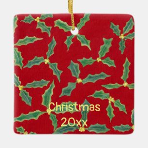 Green Holly Yellow Flowers Christmas Year Ornament