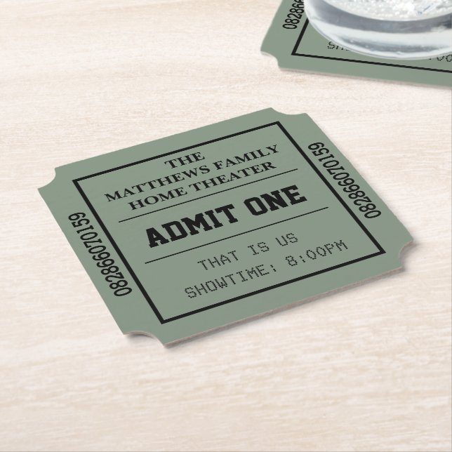 Green Home Theatre Personalised Movie ticket Paper Coaster (Angled)