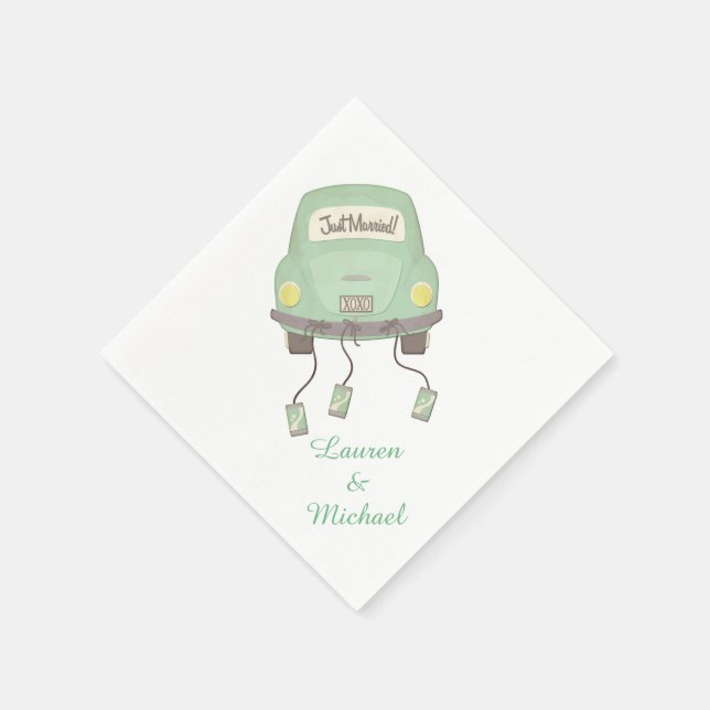 Green Honeymoon Car Wedding Napkin (Corner)