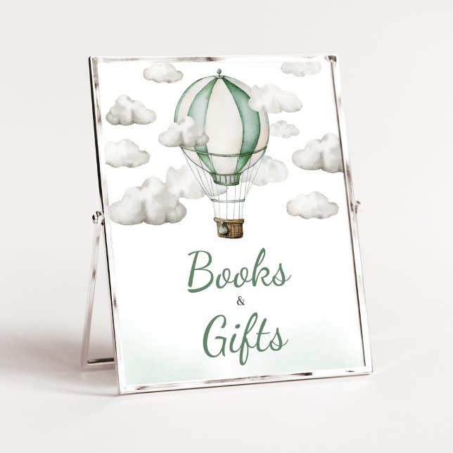 Green Hot Air Balloon Baby Shower Books and Gifts Poster (Gender Neutral Travel Baby Shower Books and Gifts Sign)