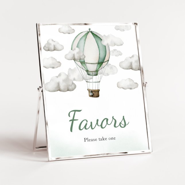 Green Hot Air Balloon Baby Shower Favours Poster (Gender Neutral Travel Baby Shower Favors Sign)