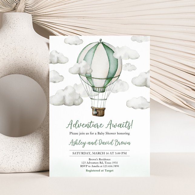 Green Hot Air Balloon Baby Shower Invitation (Gender Neutral Travel Baby Shower Invitation)