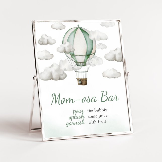 Green Hot Air Balloon Baby Shower Mum Osa Bar Poster (Gender Neutral Travel Baby Shower Mom Osa Bar Sign)