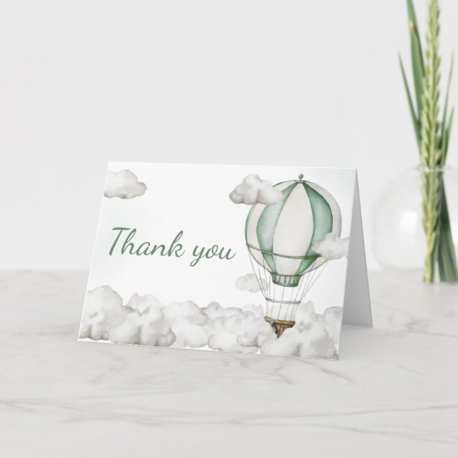 Green Hot Air Balloon Baby Shower Thank You Card (Front)