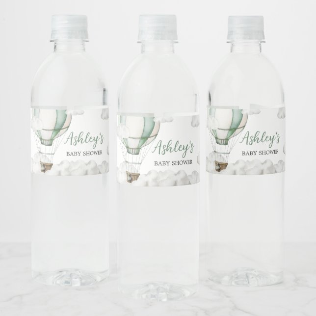 Green Hot Air Balloon Baby Shower Water Bottle Label (Bottles)
