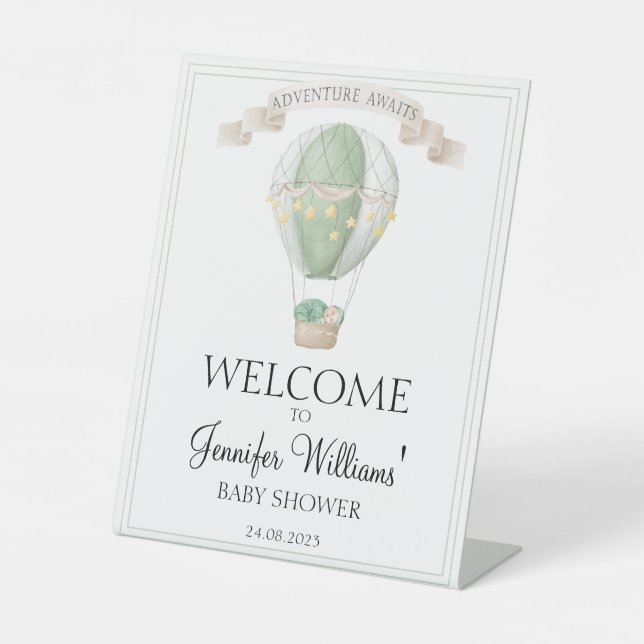Green hot air balloon baby shower welcome sign (Front)