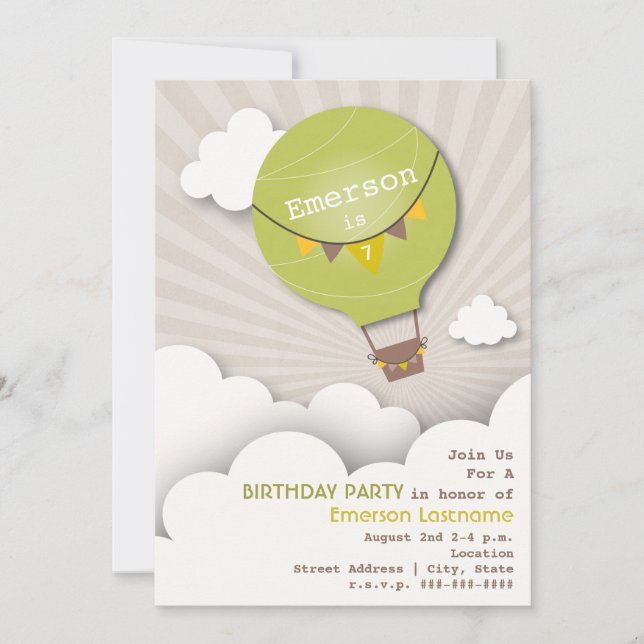 Green Hot Air Balloon & Clouds Kids' Birthday Invitation (Front)