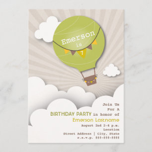 Green Hot Air Balloon & Clouds Kids' Birthday Invitation