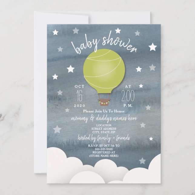 Green Hot Air Balloon + Stars Neutral Baby Shower Invitation (Front)