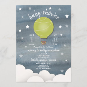 Green Hot Air Balloon + Stars Neutral Baby Shower Invitation