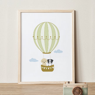 Green Hot Air Balloon with Puppies Nursery Poster