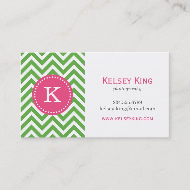 Green & Hot Pink Chevron Custom Monogram Business Card (Front)