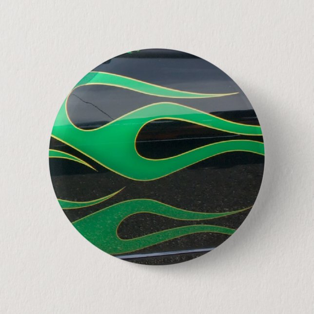 green hotrod flames on black 6 cm round badge (Front)