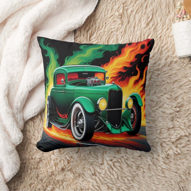 Green hotrod racing through fiery streets at night cushion (Blanket)