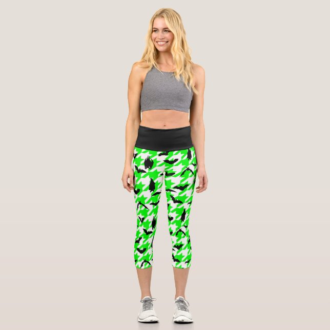 green houndstooth halloween black bats capri leggings (Front)