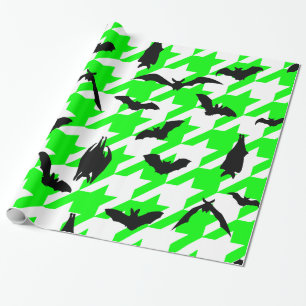 green houndstooth halloween black bats wrapping paper