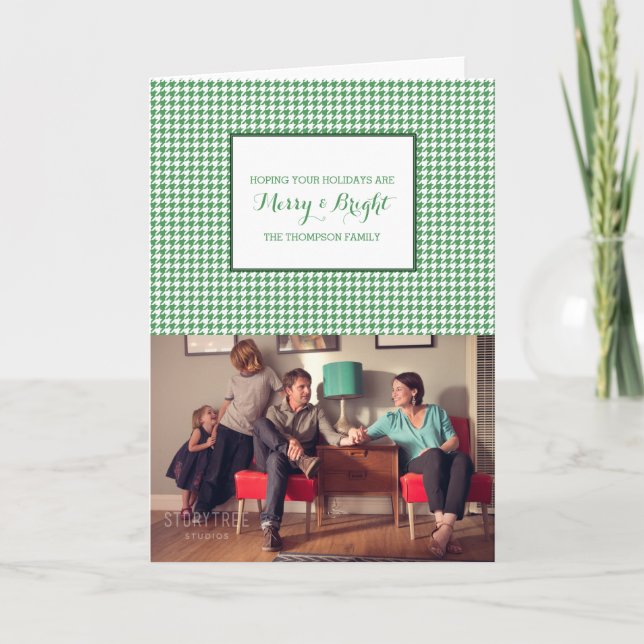 Green Houndstooth Holiday Photo Card (Front)