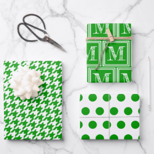 Green Houndstooth Monogram Polka Dot Wrapping Paper Sheet