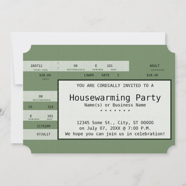 green housewarming concert ticket invitation (Front)