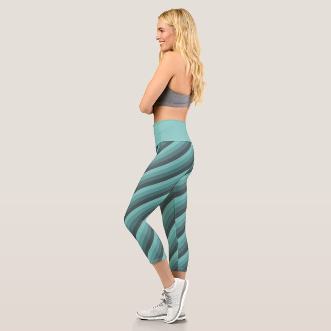 Green Hues Diagonal Stripes Capri Leggings (Left)