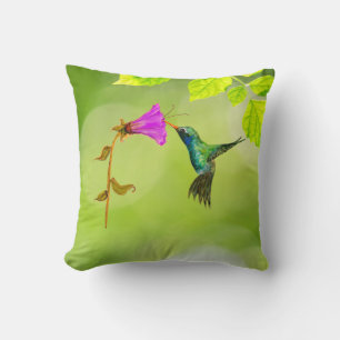 Green Hummingbird and Flower Throw Pillow