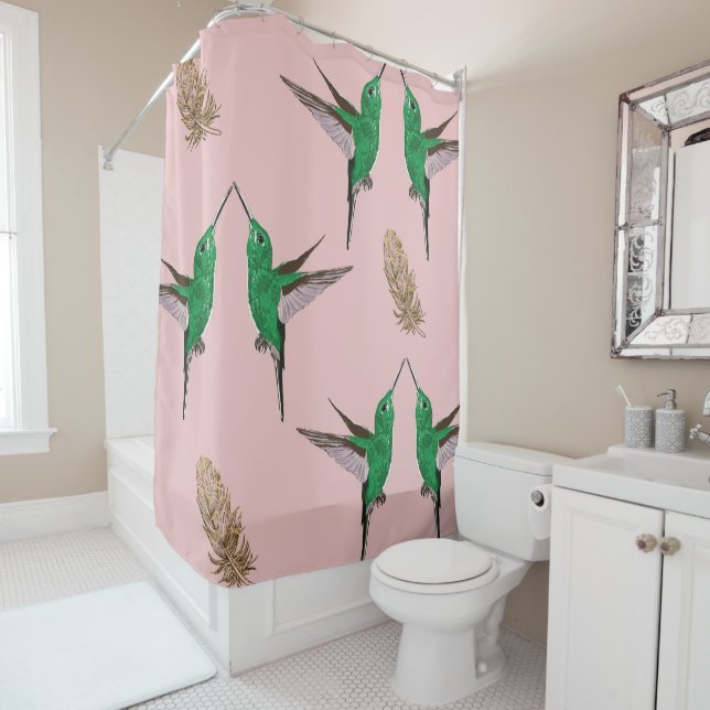 Green Hummingbird golden feather Shower Curtain (In Situ)