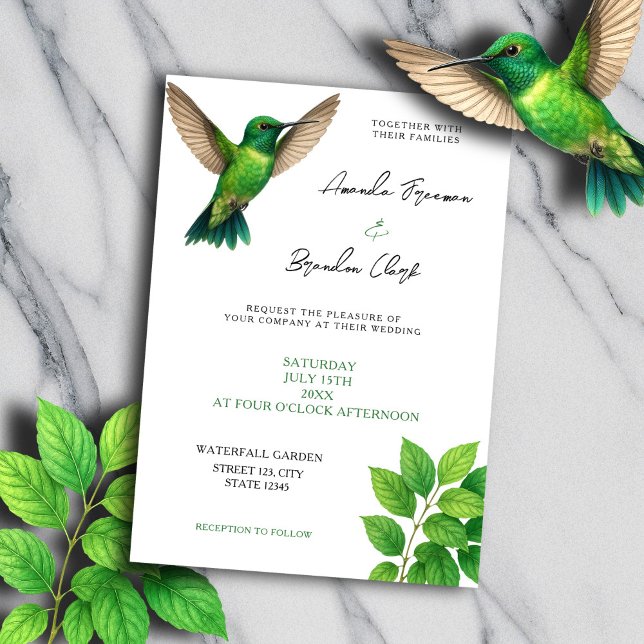 Green Hummingbird Leafy Botanical Border Wedding Invitation (Creator Uploaded)