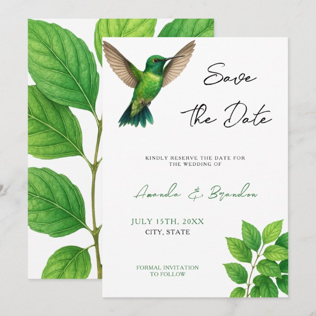 Green Hummingbird Leafy Botanical Border Wedding Save The Date (Front/Back)