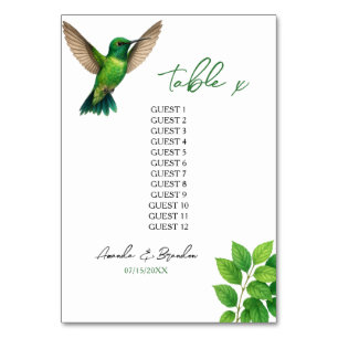 Green Hummingbird Leafy Botanical Border Wedding Table Number