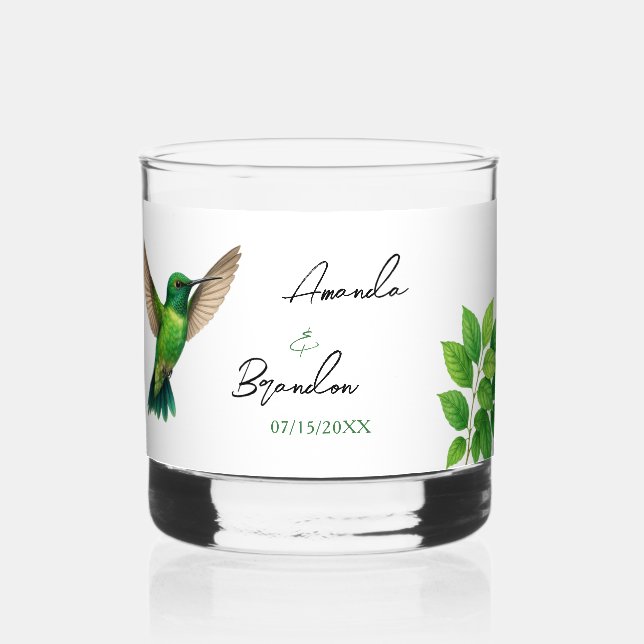 Green Hummingbird Leafy Botanical Border Wedding Whiskey Glass (Front)