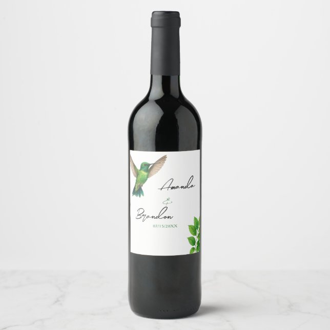 Green Hummingbird Leafy Botanical Border Wedding Wine Label (Front)