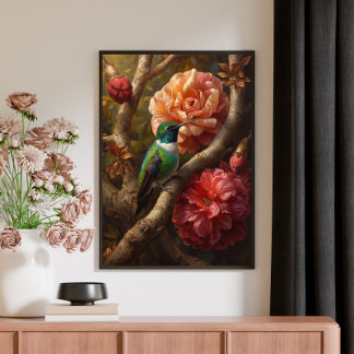 Green Hummingbird Oil Painting Floral Nature Canvas Print