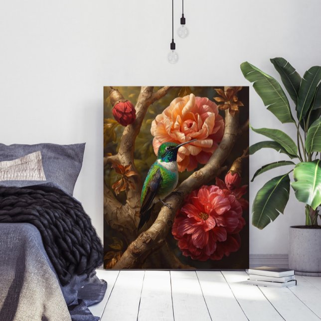 Green Hummingbird Oil Painting Floral Nature Poster (Creator Uploaded)